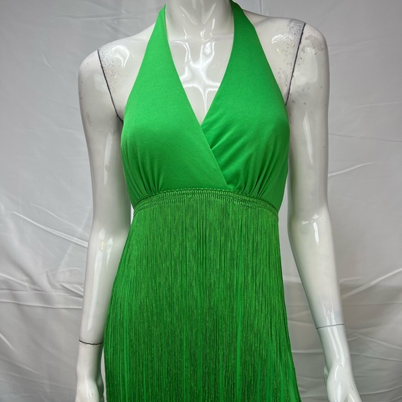 ❌SOLD❌Vintage 70s Green Tassel Fringe Tiered Long Maxi Flapper Gown Dress - Picture 3 of 9